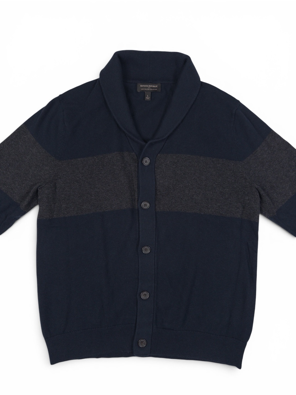 Banana Republic Navy Shawl Collar Cardigan Charcoal Stripe Men’s Large